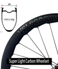 Close-up of 700C Disc Brake Carbon Wheelset For Road Bikes Tubeless Ready Clincher 50mm Deep V Shaped Rim with dimensions.