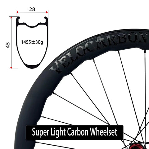 Close-up of 700C Disc Brake Carbon Wheelset For Road Bikes Tubeless Ready Clincher 50mm Deep V Shaped Rim with dimensions.