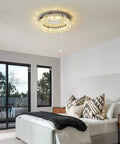 Crystal Chandelier LED Ceiling Light 16 Inch Flush Mount in a modern bedroom, featuring K9 crystals and warm white glow.