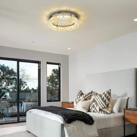 Crystal Chandelier LED Ceiling Light 16 Inch Flush Mount in a modern bedroom, featuring K9 crystals and warm white glow.