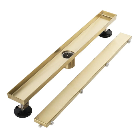 Rugged 42 Inch Linear Shower Drain With Flip Style Tile Cover And Sleek Satin Brass Trim crafted from 304 stainless steel, showcasing adjustable leveling system.