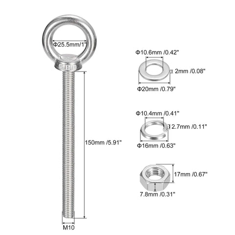 Heavy Duty Lifting Eye Bolt M10x150mm with nut and washer stainless steel 304 shoulder ring for industrial use