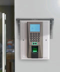Heavy Duty Stainless Steel Weather Sealed Electrical Box Cover Rainproof Outlet Shell mounted beside a door with a keypad and fingerprint scanner.