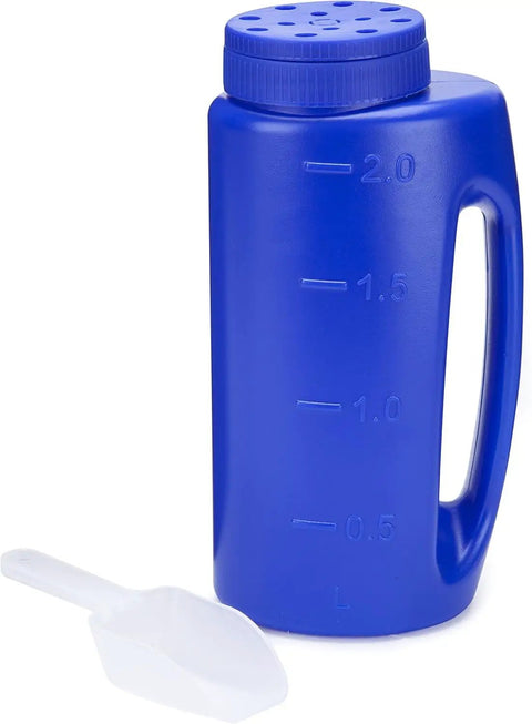 Heavy Duty Hand Held Spreader With Adjustable Hole Size For Seeds Fertilizer Salt Ice Melt And Pest Control Granules 2 Liter Capacity Includes Scoop Durable Garden Tool For Lawn Garden And Driveway Maintenance Blue, blue spreader with handle and scoop