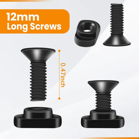 12mm long black screws with T nuts for M-Loc and Picatinny rail mounts in the Slick 12 Piece T Nut And Screw Replacement Bundle.