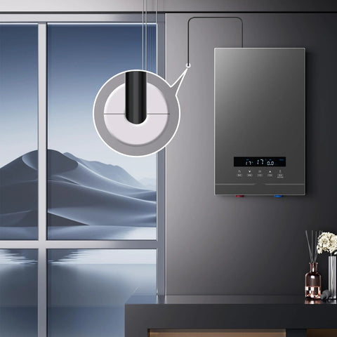 Installed white circular wall cable grommets (2-pack) for cable pass-through beside a modern boiler
