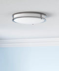 Lit 16 Inch Round Flush Mount Ceiling Light With 3CCT Dimmable LED 24W 1854 Lumens 3000K To 5000K Energy Star ETL Listed Nickel Finish Low Profile Double Ring Lamp installed on ceiling