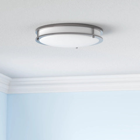 Lit 16 Inch Round Flush Mount Ceiling Light With 3CCT Dimmable LED 24W 1854 Lumens 3000K To 5000K Energy Star ETL Listed Nickel Finish Low Profile Double Ring Lamp installed on ceiling