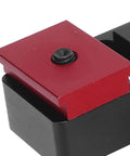 Close-up of red and black T Track Flip Stop for DIY Woodworking, Aluminum Adjustable Fence Stopper for Precise Cuts, Quick Setup