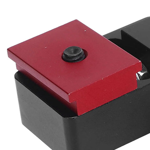 Close-up of red and black T Track Flip Stop for DIY Woodworking, Aluminum Adjustable Fence Stopper for Precise Cuts, Quick Setup