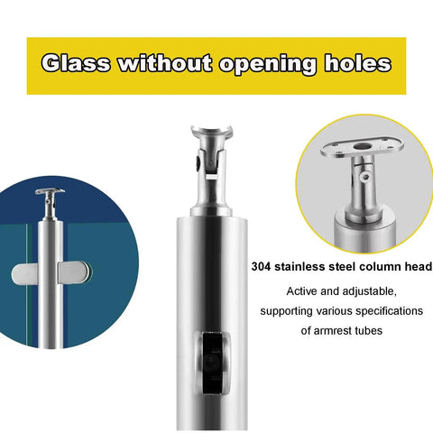 Heavy Duty Adjustable Stainless Steel Glass Railing Posts showing the 304 stainless steel column head for securing patios and walkways.
