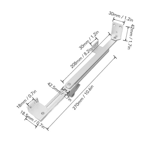 Casement Window Hinge With Adjustable Aluminum Alloy T Shape Positioning Safety Window Stay No Drill Installation Friction Hinge Kit With 7 Screws for Sliding Pivot, dimensions labeled