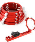 Red 90mm CNC aluminum alloy fixing ring for photography gear and telescopes, showing mounting brackets and alignment scale.