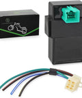4 Pin DC CDI Box for 50cc-110cc scooters, ATVs, go-karts with connecting plug and ignition controller, box packaging visible.