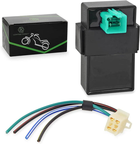 4 Pin DC CDI Box for 50cc-110cc scooters, ATVs, go-karts with connecting plug and ignition controller, box packaging visible.