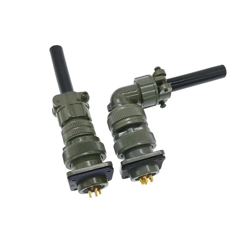 MS3102/MS3106 circular connectors with olive-drab housing, knurled coupling, and gold pins; two units with cables.