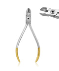 Orthodontic Hard Wire Cutter Pliers With Tungsten Carbide Tips, stainless steel, ergonomic grip, dental tool front and close-up view
