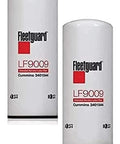 Two LF9009 lube filters spin-on, 30 micron efficiency labeled 'Fleetguard', heavy duty oil filter replacement pack for cars and trucks.