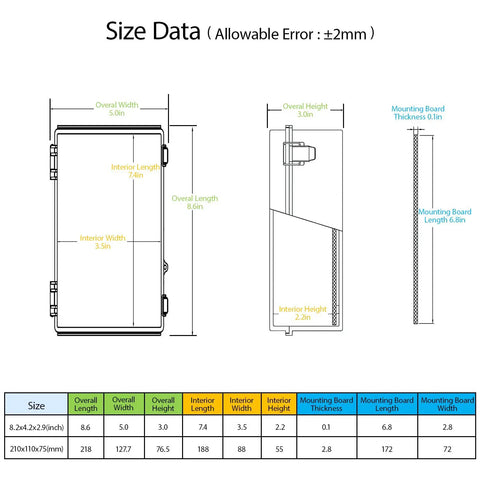 Dimensions diagram for All-Weather Electrical Junction Box With Hinged Clear Cover Heavy-Duty ABS Enclosure IP67 Waterproof