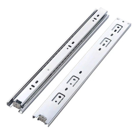 Ten Pairs Of 24 Inch Full Extension Drawer Slides With Ball Bearing Side Mount Low Noise Operation Half Inch Thick One Point Seven Seven Inch Wide Heavy Duty Hardware For Kitchen Cabinets Or Dressers, showing side view with ball bearing mechanism.