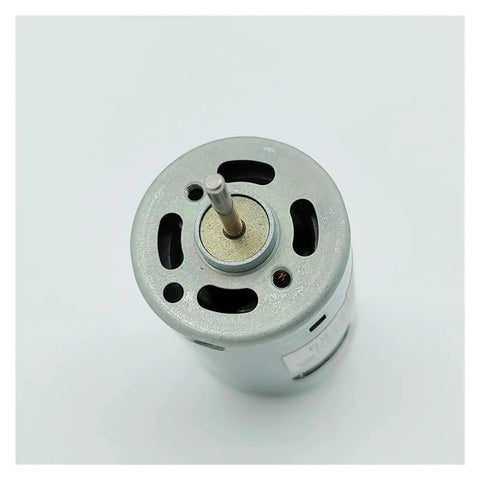 Close-up of Beefy Little 380 DC Motor For DIY Projects 6V To 18V 12V 11000 RPM with mounting holes and shaft, side view.