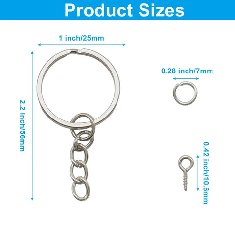 Thinking Process: silver split ring keychain, 1 inch 25mm diameter, 2.2 inch total length, metal key ring size chart