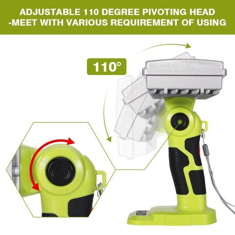 Cordless LED Flood Light Work Lamp with 110 Degree Pivoting Head, showing adjustable angle feature for jobsite use.
