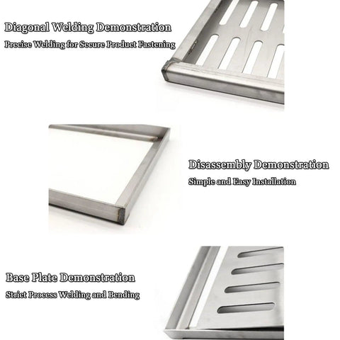 Rock Solid 304 Stainless Steel Square Trench Drain Grate Covers showing welding and disassembly demonstrations for easy installation.
