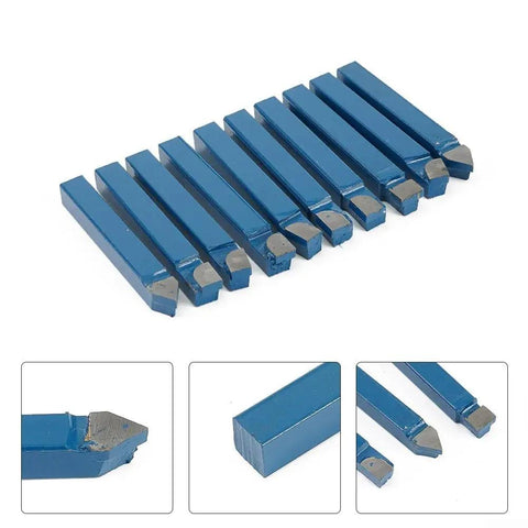 Ten Piece One Quarter Inch Carbide Lathe Tool Bits Set for Metal Cutting with high hardness tips for CNC lathes, close-up view.