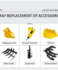Attachments for 4WD Compact Backhoe Loader With 2.2m Digging Depth including digging bucket, breaker hammer, and rake bucket.