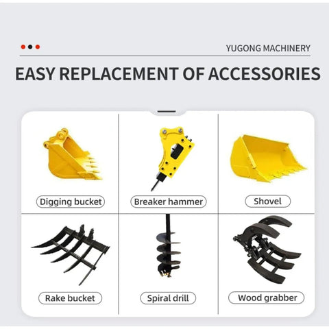 Attachments for 4WD Compact Backhoe Loader With 2.2m Digging Depth including digging bucket, breaker hammer, and rake bucket.