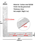 Pack of 10 Flat Corner Braces L-Shaped Mending Plates, 5-1/2 x 5-1/2 x 2 mm Thick, 4.5 mm Holes, Hot Dip Galvanized Low Carbon Steel