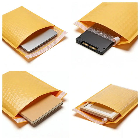 10 Pack Kraft Bubble Mailers 9x12 Self Seal Padded Envelopes with electronics and books inside, showing bubble protection