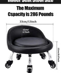 Low Profile Rolling Stool On Wheels With Back Rest And Leather Cushion 360 Degree Swivel Compact Round Seat, size details shown