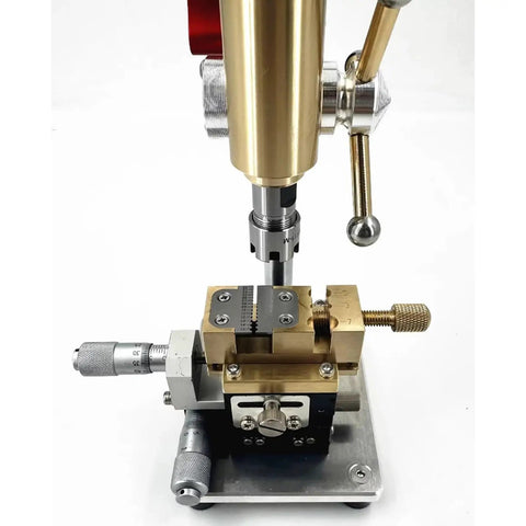 Joverex Multifunction Micro Watch Bench Drill Press With Adjustable Voltage And Variable Speed Up To 9500Rpm High Precision Drilling Tool for jewelry making, showcasing brass vise and drill setup.