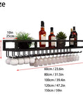 Heavy Duty Wall Mounted Wine Rack Featuring Premium Steel Construction Alongside Integrated Glass Storage Space Saving Profile, showcasing size dimensions and drinks.