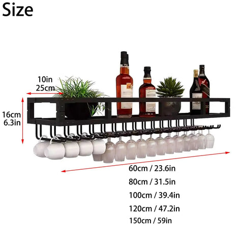Heavy Duty Wall Mounted Wine Rack Featuring Premium Steel Construction Alongside Integrated Glass Storage Space Saving Profile, showcasing size dimensions and drinks.