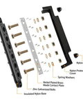 Exploded view of Power Distribution Block Bus Bar Kit with 6 3/8" posts, nickel-plated brass, nylon protection and base, screws shown