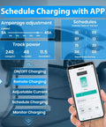 Display of Tesla Level 2 EV Charger 48 Amp Wall Charger Hardwired WiFi Enabled With Smart App Control features on phone.