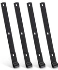Heavy Duty Zinc Strap Hinges 16 Inch For Gate And Barn Tool Shed Door Black Finish Four Pack showing black metal hinges.