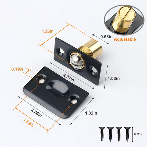 Door Ball Catch Replacement Kit 6 Pack, Adjustable Closet Ball Bearing Door Latch, Built Tough All Metal Construction With Solid Brass Body And Stainless Steel Strike Plate, Black Finish, Smooth, Quiet Close For Interior Doors, shown with dimensions and screws.