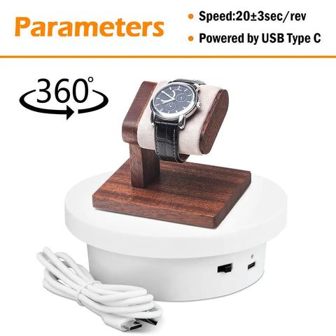 Motorized Rotating Display Stand 5.1 Inch 360 Photography Turntable For Tumbler Jewelry Epoxy Glitter Cup Electric Spinning Platform White Showpiece with watch on display.