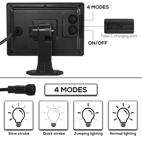 Rear view of control panel with USB port and lighting modes for 48 Foot Solar String Lights Outdoor USB Rechargeable Waterproof Shatterproof Bulbs Hanging Lights For Backyard Porch Garden Cafe Camping Party And Patio Vibe Decor.