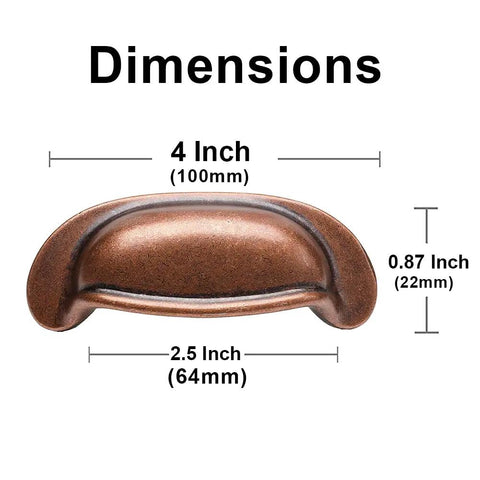 Dimensions of Ten Pack 2.5 Inch Hole Center Antique Copper Bin Cup Drawer Pulls And 4 Inch Cabinet Handles