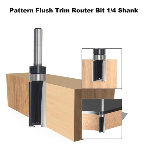 9 Piece Pattern Flush Trim Router Bit Set With 1/4 Inch Shank And Carbide Tips Pro Grade Top Bearing Template Guide displayed