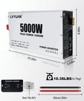 Ready To Rock 5000 Watt Power Inverter Converting 12V DC To 110V AC With Four Household Outlets and Dual USB Ports, showing dimensions and remote.