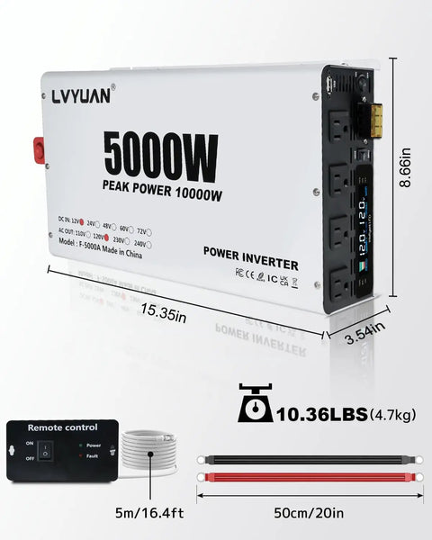 Ready To Rock 5000 Watt Power Inverter Converting 12V DC To 110V AC With Four Household Outlets and Dual USB Ports, showing dimensions and remote.