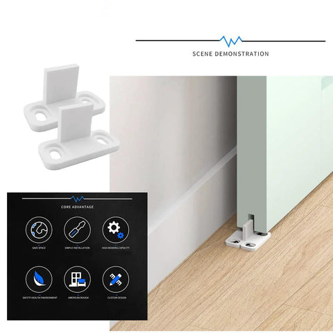 4 Pack POM Plastic T Shape Adjustable Sliding Barn Door Floor Guides With Screws White Finish installed on wood floor