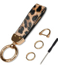 Boss Leopard Print Leather Keychain Car Key Holder Bag Charm Three In One Key Organizer with tools, gold hardware, 5.33 x 0.78 inches.