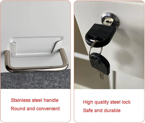 Close-up of stainless steel handle and lock of Mobile Metal File Cabinet With Lock Three Drawer Rolling Organizer For Home Office Storage Secure Filing Cabinet With Silent Glide Rails And Anti Tip Design For Easy Access And Tidy Workspace